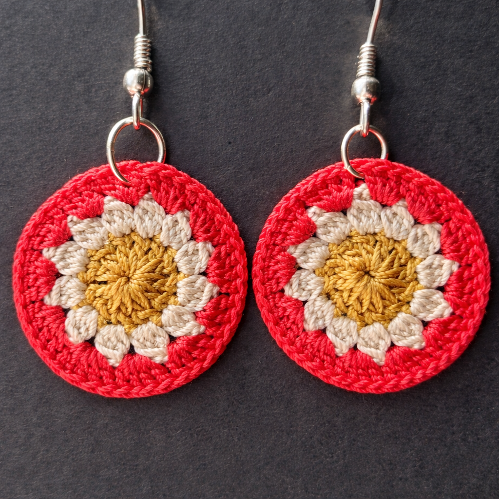 Daisy Crochet Earring- Red, cream &Gold