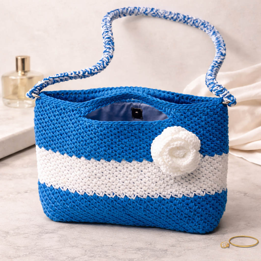 Handmade crochet bag - blue & White