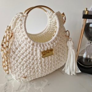 Ivory Crochet Everyday Casual Handbag with Tassel Charm